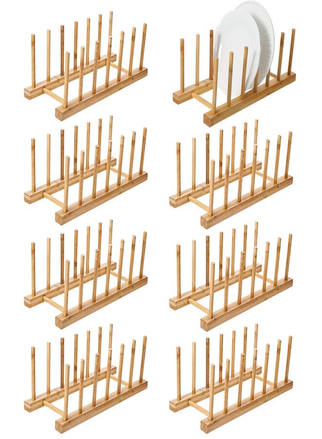 AojSup 8 Pcs Bamboo Plate Holder & Wooden Dish Rack Organizer, 11.6x4.7x3.9 Inch Bamboo Wooden Dish Rack for Plates, Bowls, Cutting Boards & Kitchen Cabinet Storage - Image 1